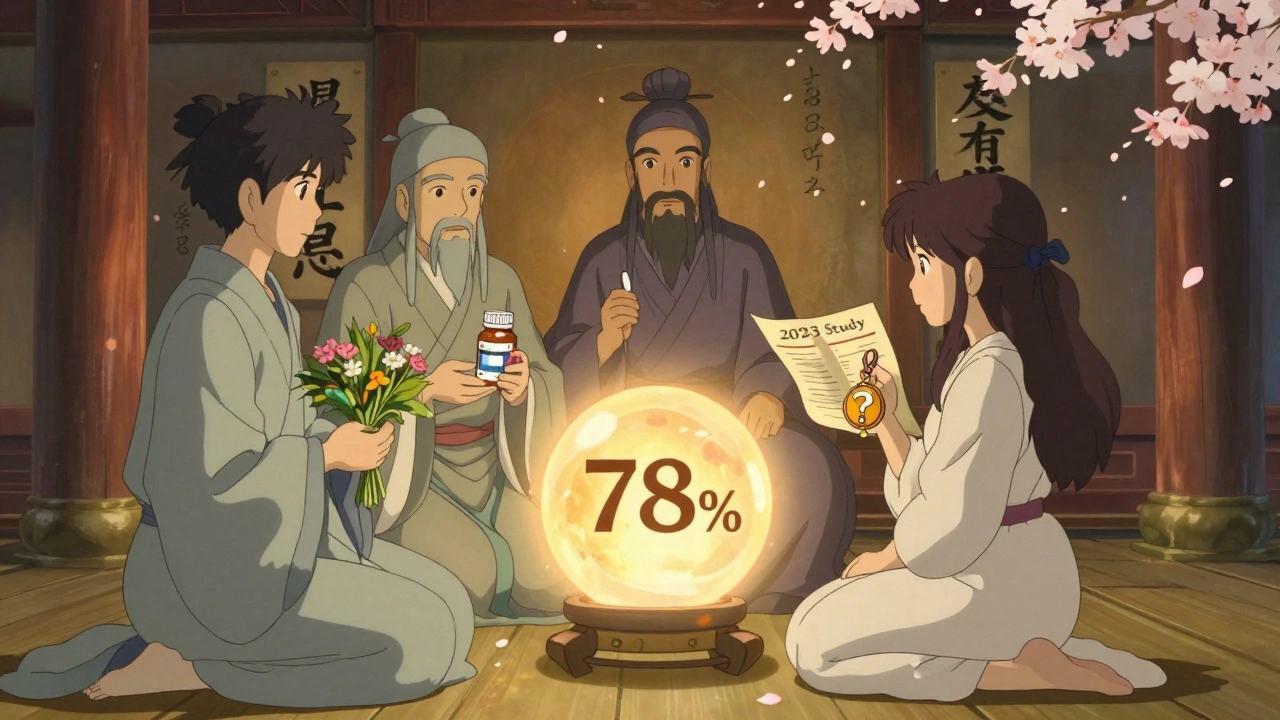 Frau vor drei weisen Gestalten, die verschiedene Progesteron-Therapien symbolisieren, in einem friedlichen Tempel.