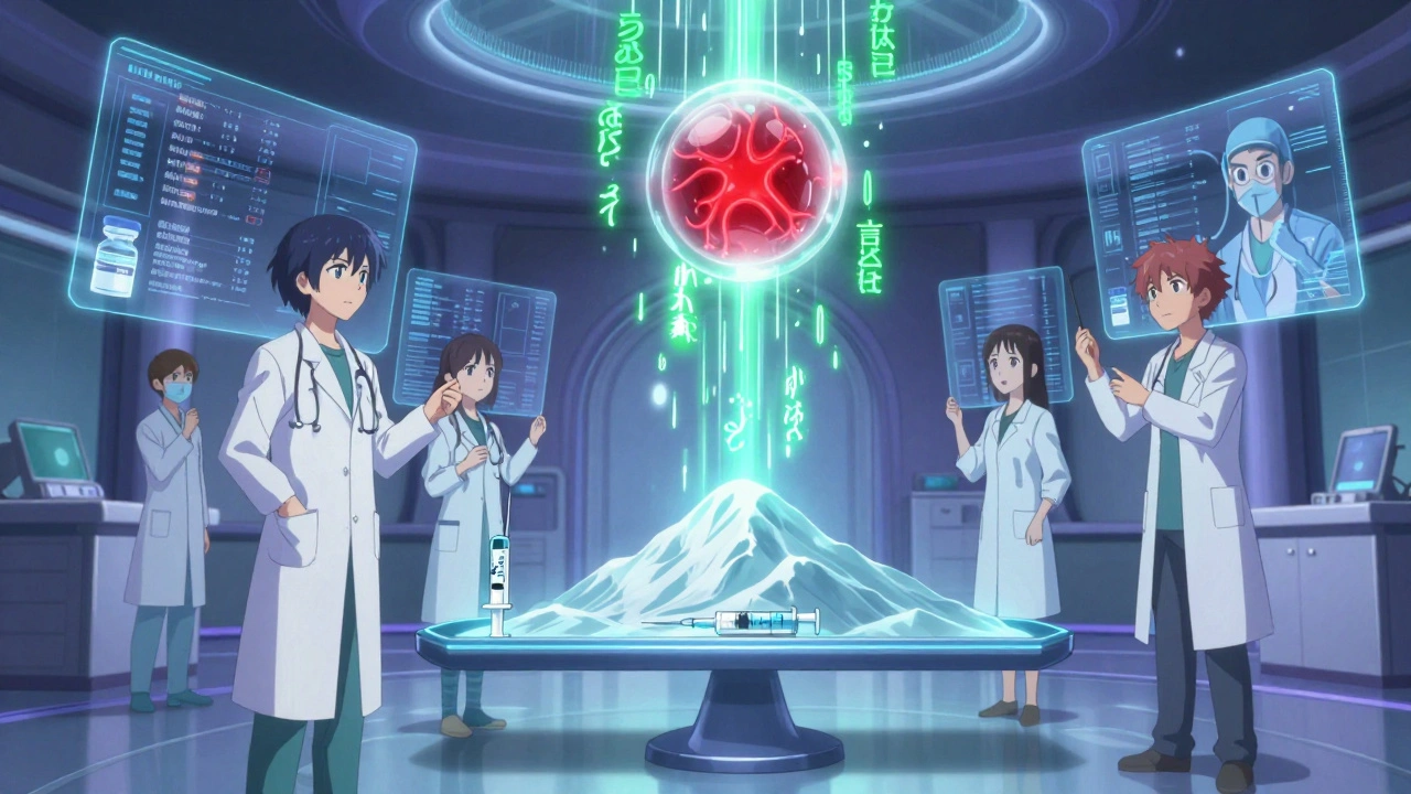 Futuristische medizinische Zentrale mit holografischen Datenbällen, die Impfsicherheit visualisieren, emeraldene Heilglocken fallen herab.