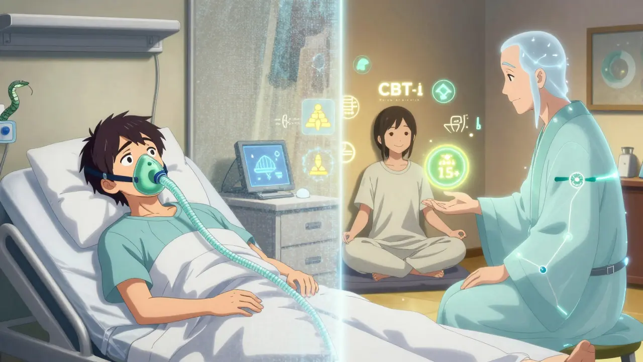 Gesichter eines Patienten in zwei Welten: eine mit angstvollem CPAP-Masken-Teufel, die andere mit friedlicher CBT-I-Meditation.