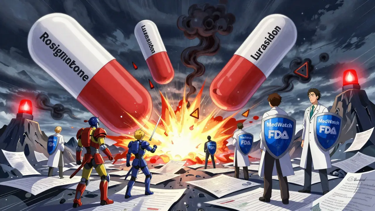 Gigantische Medikamenten-Pillen explodieren in einer animehaften Kampfszene, Patienten und Ärzte kämpfen mit Warnschildern.