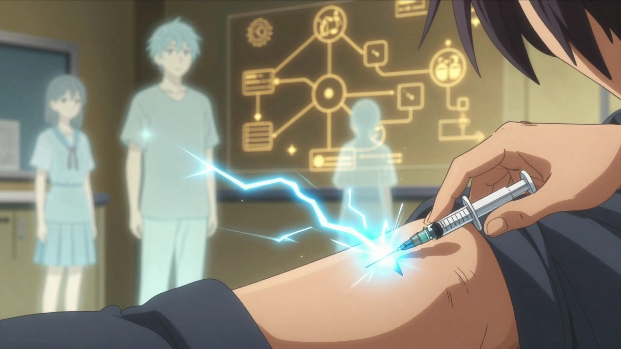 Hand injiziert Epinephrin, blaue Heilenergie fließt durch Körper, unsichtbare Geister der Geimpften vergehen in Licht.