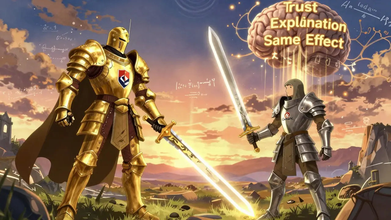 Im Gehirn als Fantasy-Schlachtfeld kämpft ein Ritter mit Markenrüstung gegen einen einfachen Krieger, der durch Vertrauen leuchtend wird.