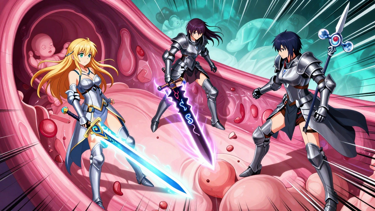 Kampf zwischen drei Hormon-Waffen im Inneren einer Gebärmutter, dargestellt im Anime-Stil.