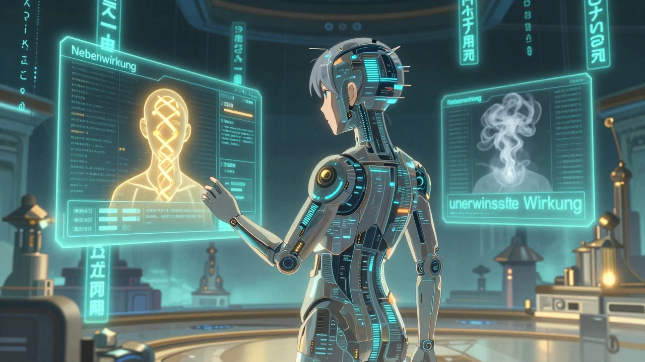 KI-Avatar analysiert Patientendaten in einer schwebenden, leuchtenden Datenbibliothek.