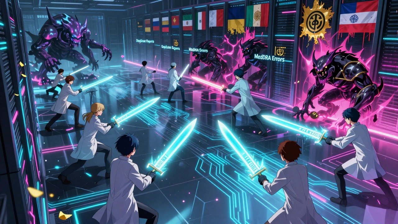 KI-Avatare kämpfen gegen digitale Bedrohungen in einer Serverlandschaft, menschliche Experten mit EMA- und FDA-Waffen.