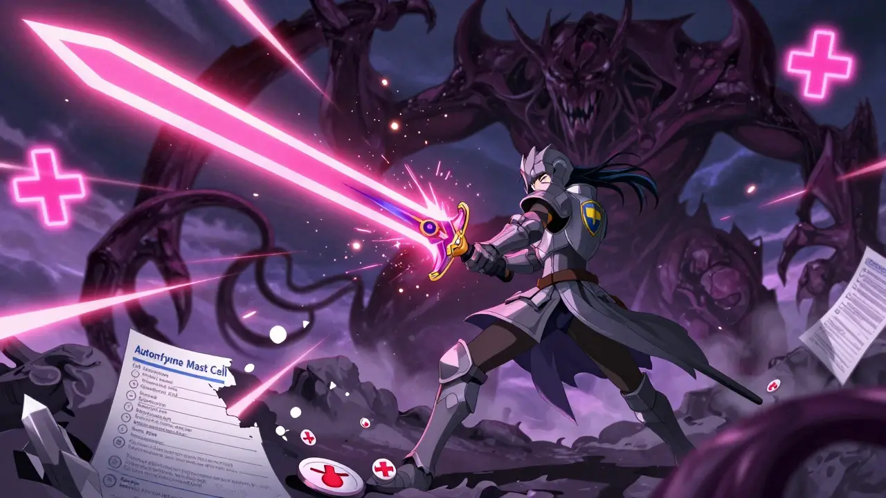 Krieger mit Antihistamin-Schwert kämpft gegen einen Schattenmonstrum aus Histamin und Autoimmun-Partikeln.