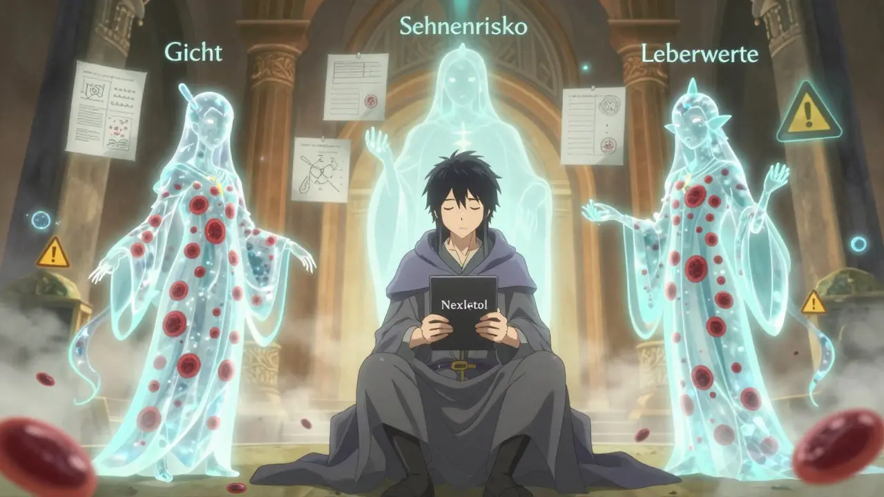 Mystische medizinische Gottheiten aus Gicht, Sehnenrisiko und Leberwerten vor einem Helden mit Bempedoic-Acid-Tablette.