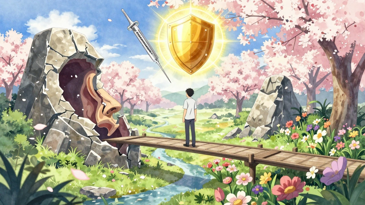 Patient nach Operation, polypenfreie Nasenhöhle als blühender Garten, Aspirin und Dupilumab als schützende Symbole, Anime-Stil.