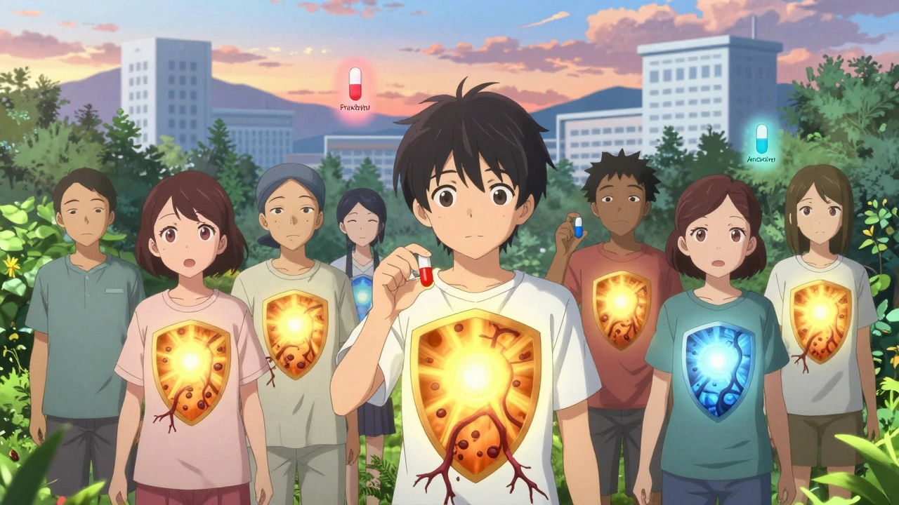 Patienten in einem Garten mit leuchtenden Pillen, schützendes Licht gegen Blutgerinnsel.