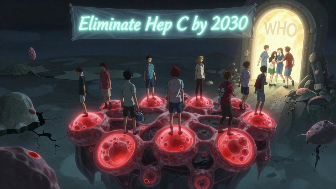 Patienten stehen auf einer schwebenden Insel aus gesunden Leberzellen, während dunkle Schäden in der Ferne verschwinden.