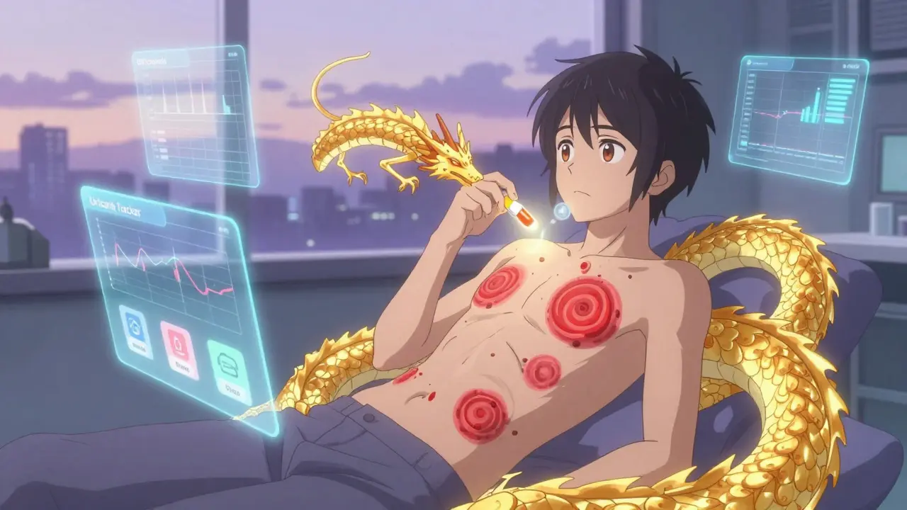 Patientin nimmt eine magische Tablette, die einen Drachen bildet, der die Hautentzündung beruhigt, umgeben von digitalen Gesundheits-Hologrammen.