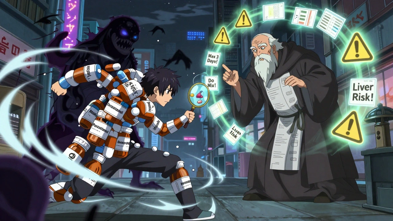 Person kämpft gegen schattige Pillen-Monster, während ein Apotheker Warnsymbole als Schutzschild wirkt.
