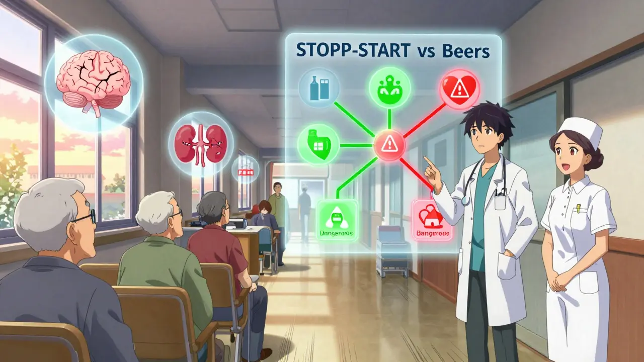 Pflegeheim mit schwebenden medizinischen Warnsymbolen und einem Entscheidungsbaum zwischen sicheren und gefährlichen Medikamenten.