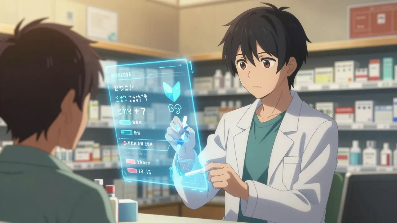 Pharmacist scanning a medication list with holographic drug interaction alerts.