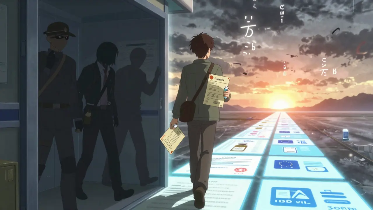 Reisender betritt einen Lichtportal, während vergangene Probleme hinter ihm verschwinden, vor ihm leuchten digitale Gesundheitszertifikate als Wegweiser.