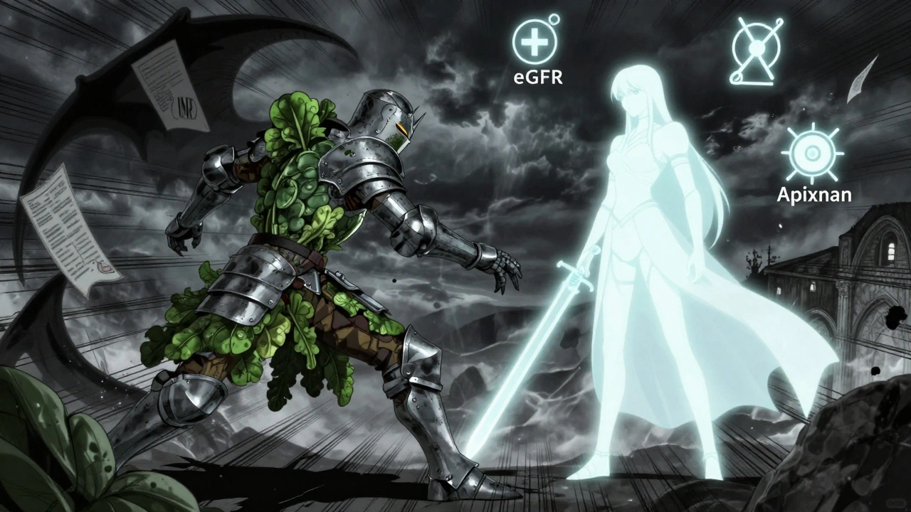 Ritter Warfarin kämpft gegen einen Spinat-Monster, während Apixaban ruhig mit Lichtschwert steht.