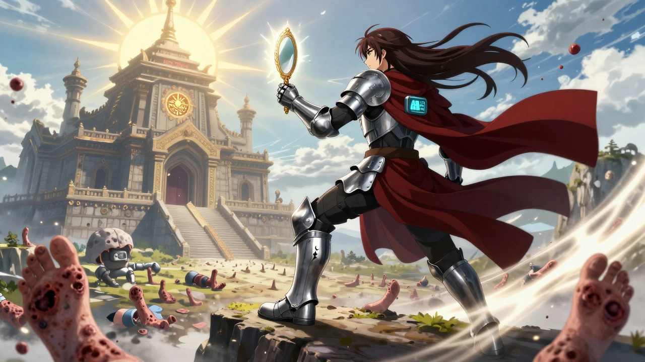 Warrior in diabetic care armor standing on a cliff, facing a battlefield of ulcers, with a temple labeled &#039;FOOT-STEP Study 2026&#039; in the background.