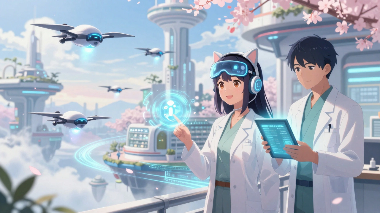 Zukünftige Apotheke mit Drohnen, die personalisierte Medikamente bringen, während ein Apotheker genetische Daten prüft.