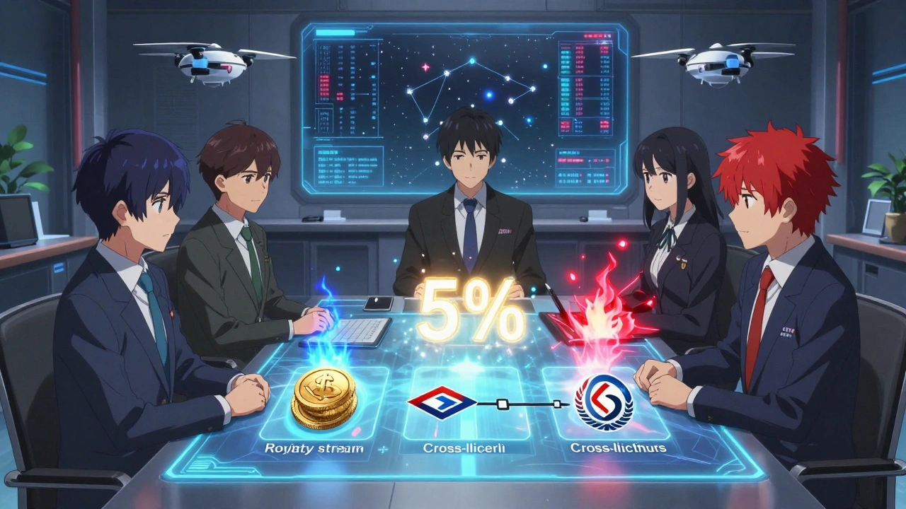 Zwei Teams verhandeln über holographische Lizenzmodelle in einem futuristischen Raum mit KI-Drohnen und Lichtströmen.