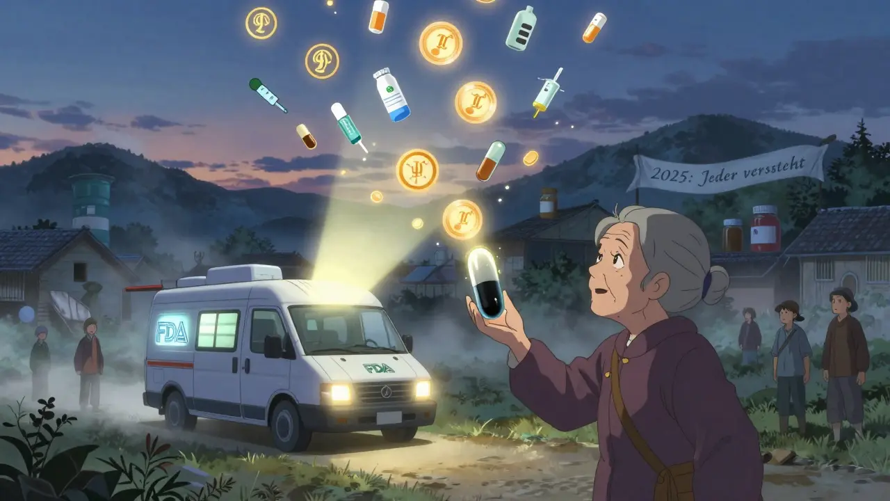 Anime-stil: Ein magischer Mobile-Apotheken-Wagen erhellt ein ländliches Dorf und verwandelt Angst in Vertrauen.