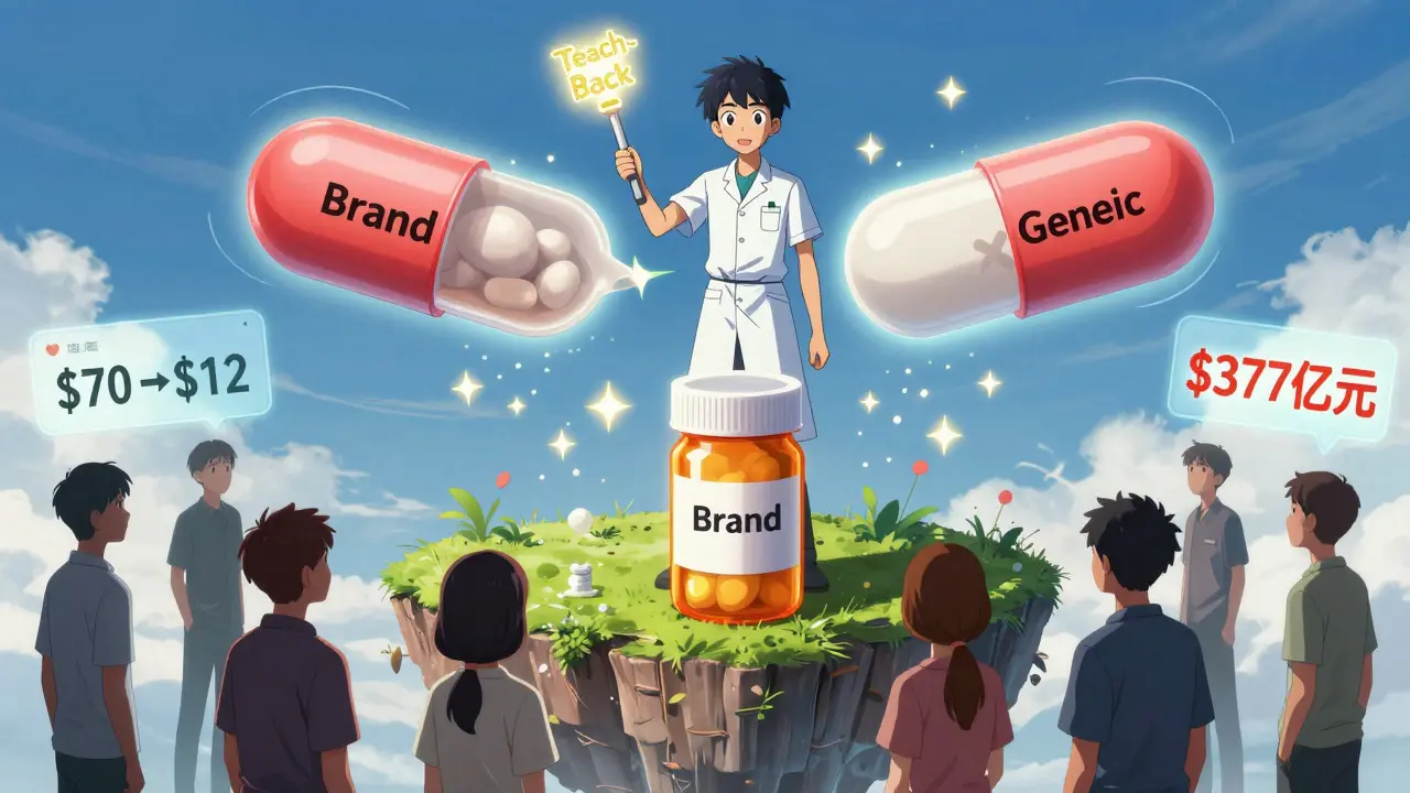 Anime-stil: Eine Gesundheitsarbeiterin auf einer Pillen-Insel erklärt Bioäquivalenz mit einer magischen Staffel.