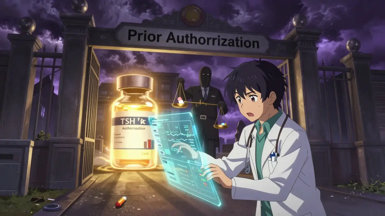 Arzt kämpft gegen eine bürokratische Torwand, während ein Markenmedikament als goldenes Licht leuchtet.