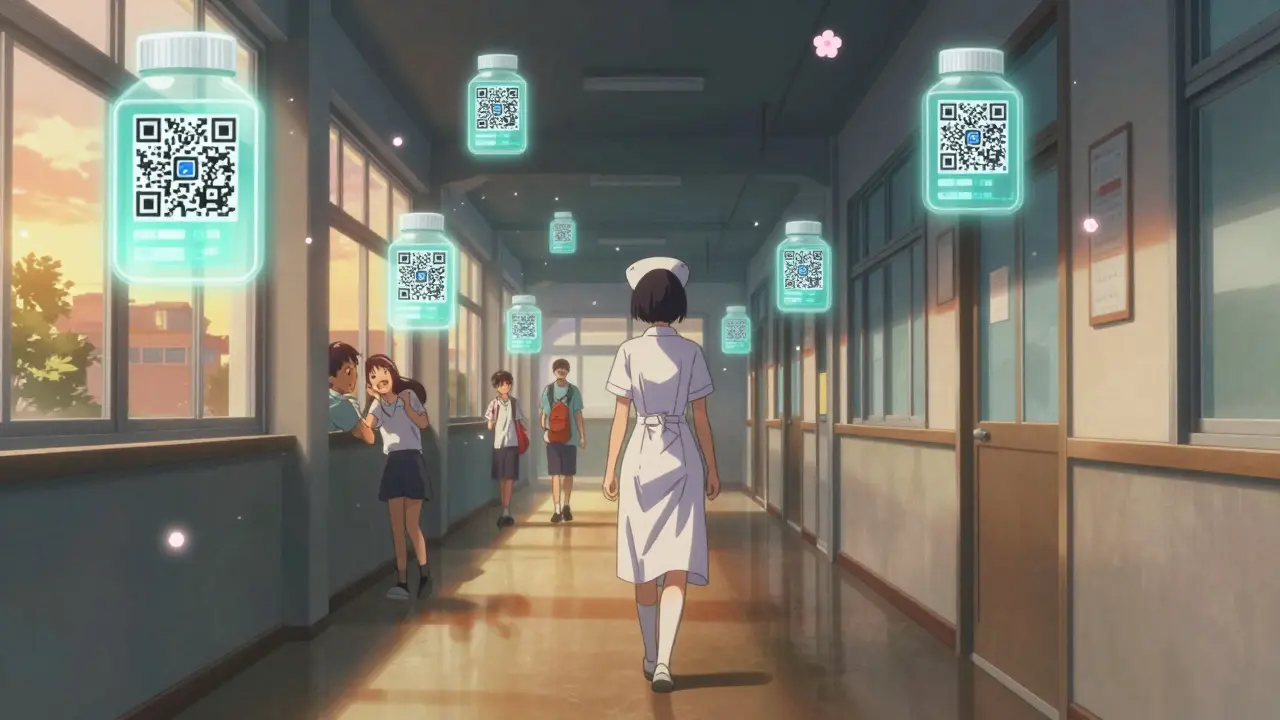 Digitale QR-Codes und holographische Protokolle leuchten entlang eines Schulflurs bei Dämmerung.