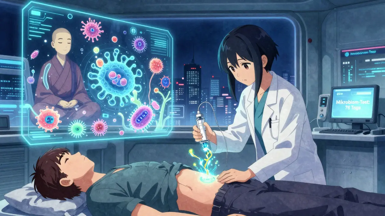 Doctor administering personalized probiotics with holographic microbial ecosystem.