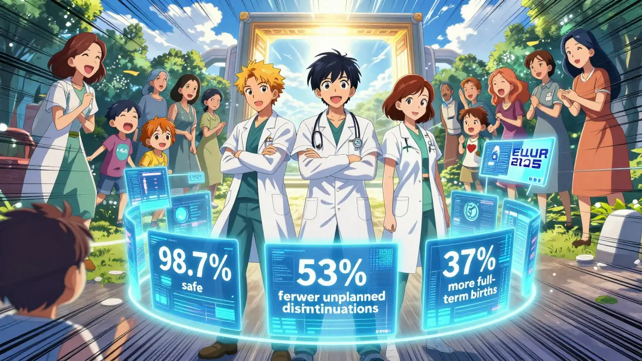 Drei medizinische Helden stehen in einem Datenkreis, der Statistiken über sichere Schwangerschaften projiziert.