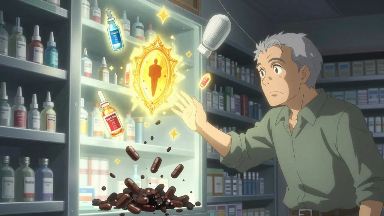 Ein alter Mann greift nach leuchtenden, sicheren Medikamenten in einer Apotheke, während gefährliche Pillen in die Dunkelheit fallen.