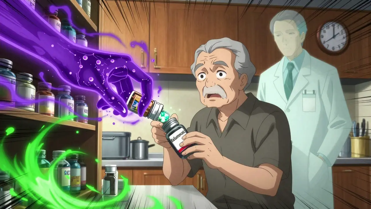 Ein älterer Mensch hält einen Kalium-Salzersatz, während magische Ionen ihn umgeben, während ein Arzt abgewandt bleibt.