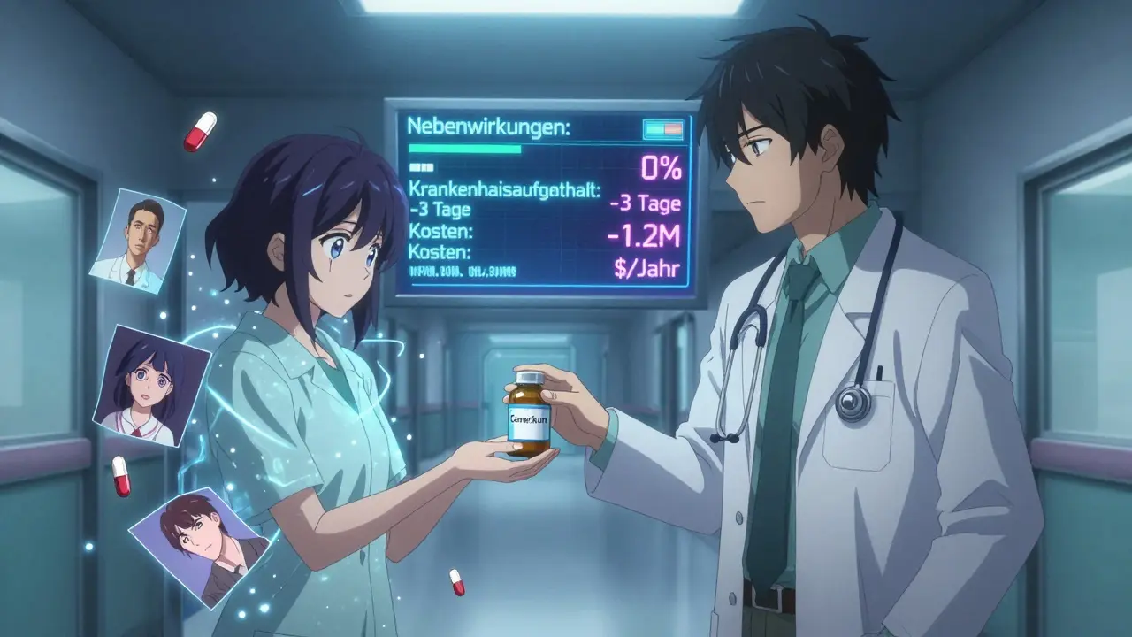 Ein Apotheker versucht, ein Generikum einem Arzt zu geben, während digitale Kosten- und Sicherheitsdaten um sie herum leuchten.