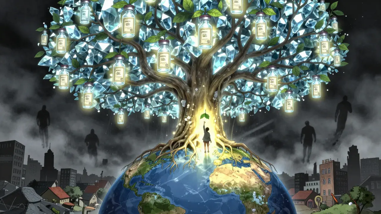 Ein kristalliner Baum mit Medikamentenblättern wächst aus der Erde, Licht flutet arme Regionen.