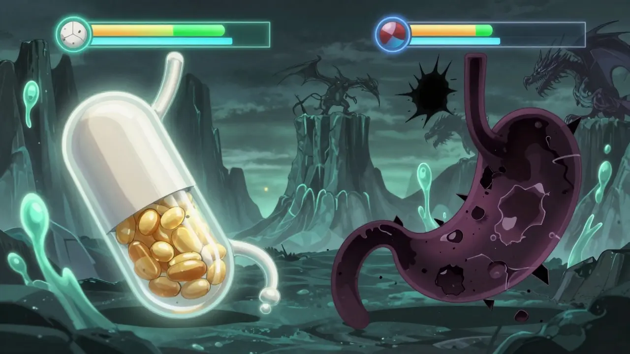 Ein Originalmedikament kämpft gegen ein Generikum in einer surreal gestalteten Magenlandschaft mit enzymatischen Drachen.