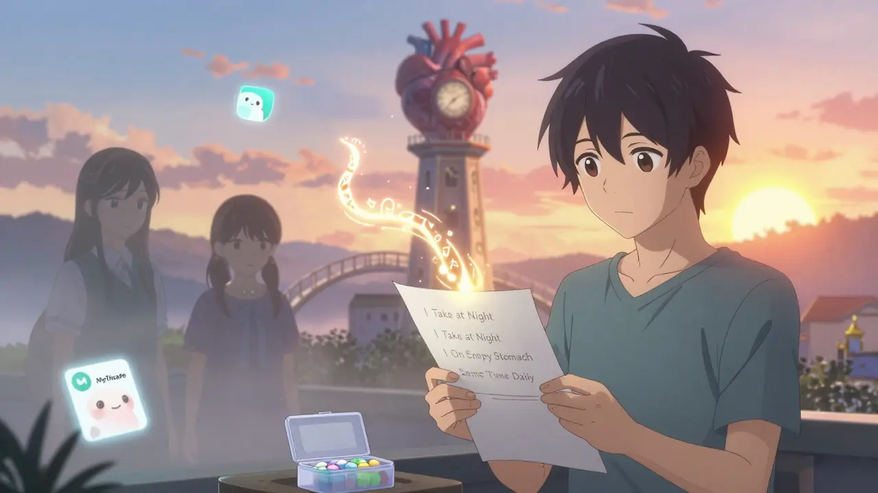 Ein Patient hält eine Liste mit magischen Anweisungen, die zu einem herzförmigen Uhrenturm führen, während sein vergangener Selbst in Grau verschwindet.