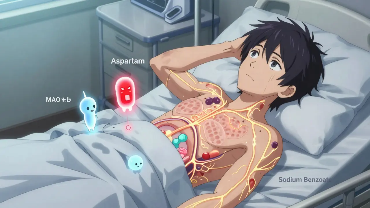 Ein Patient mit biologischen Pfaden, durch die harmlose und gefährliche Hilfsstoffe als geisterhafte Wesen schwimmen.