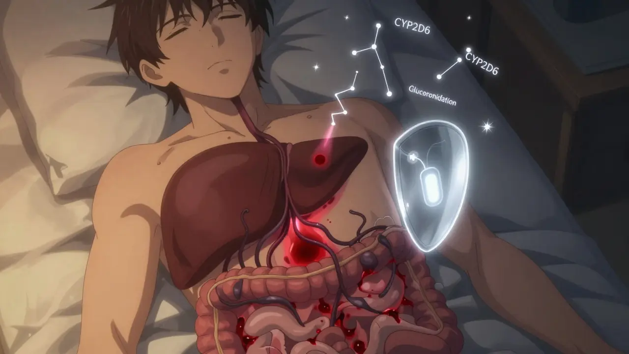 Ein Patient mit einem Buprenorphin-Pflaster, während giftige Darmverbindungen zur Leber führen, blockiert von einem schützenden silbernen Schild.