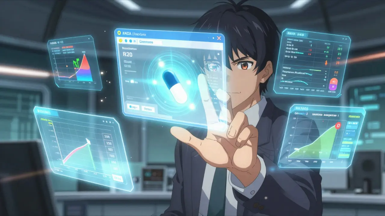 Ein Regulierungsmanager greift nach einer sich verwandelnden Generika-Anwendung in einer Hologrammwelt.