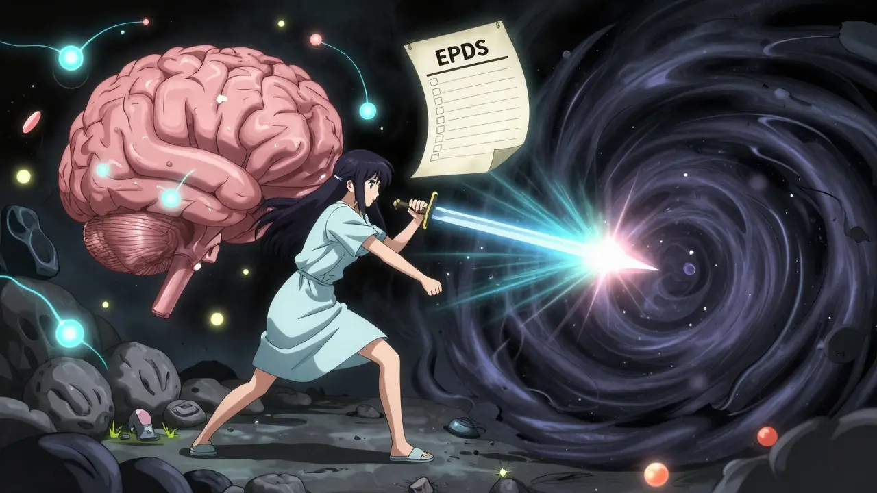 Ein surreal dargestelltes Gehirn als Schlachtfeld, wo Neurotransmitter gegen dunkle Kräfte kämpfen, während eine Frau mit kognitiver Therapie siegt.