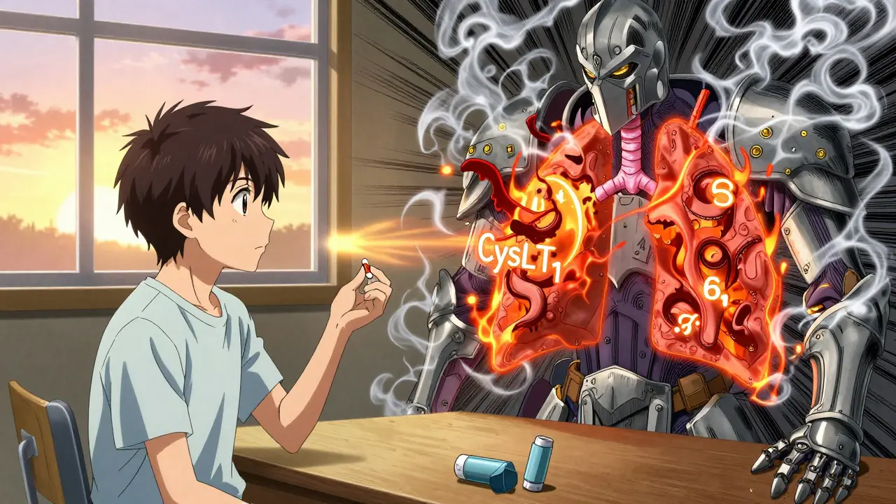 Ein Teenager hält eine Tablette, während ein geisterhafter Krieger Entzündungsmonstern die Atemwege schützt.