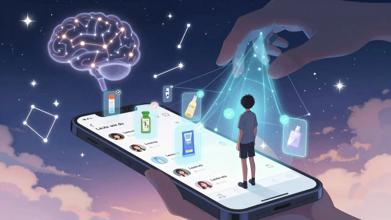 Ein Teenager wird von einem digitalen Feed mit anonymen Avataren beeinflusst, während ein Algorithmus seine Entscheidungen steuert.