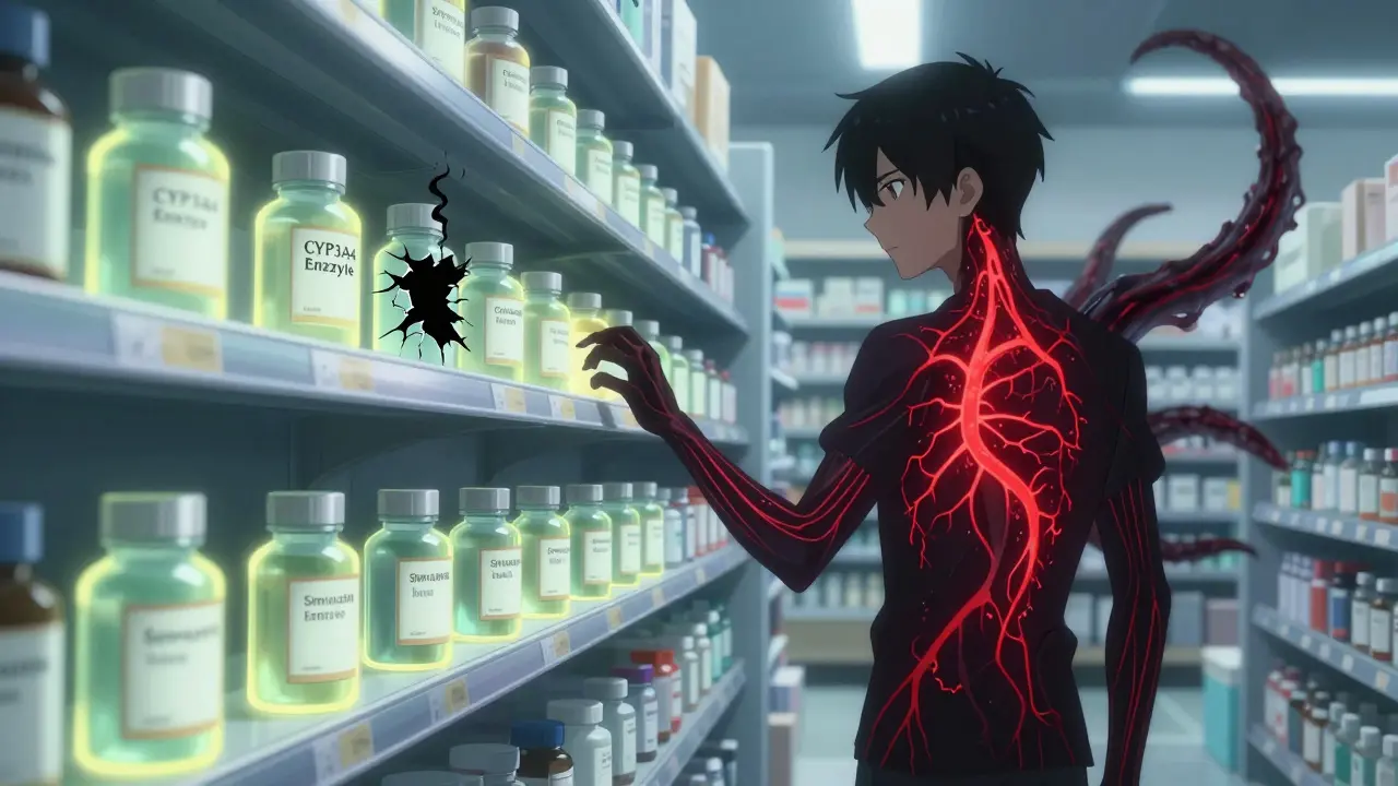 Ein Transplantationspatient in einer magischen Apotheke, dessen Schatten von giftigen Wechselwirkungen bedroht wird.