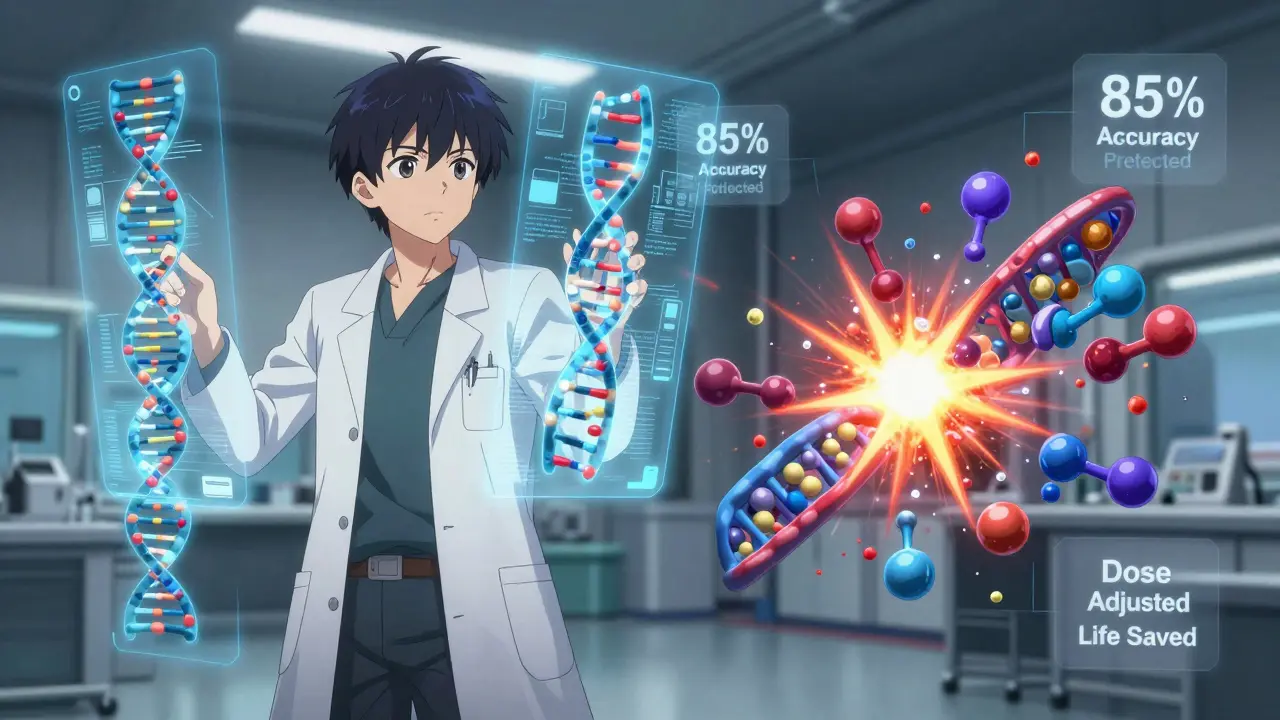 Ein Wissenschaftler analysiert genetische Varianten des CYP3A4-Enzyms mit holografischen Blutspiegel-Daten.