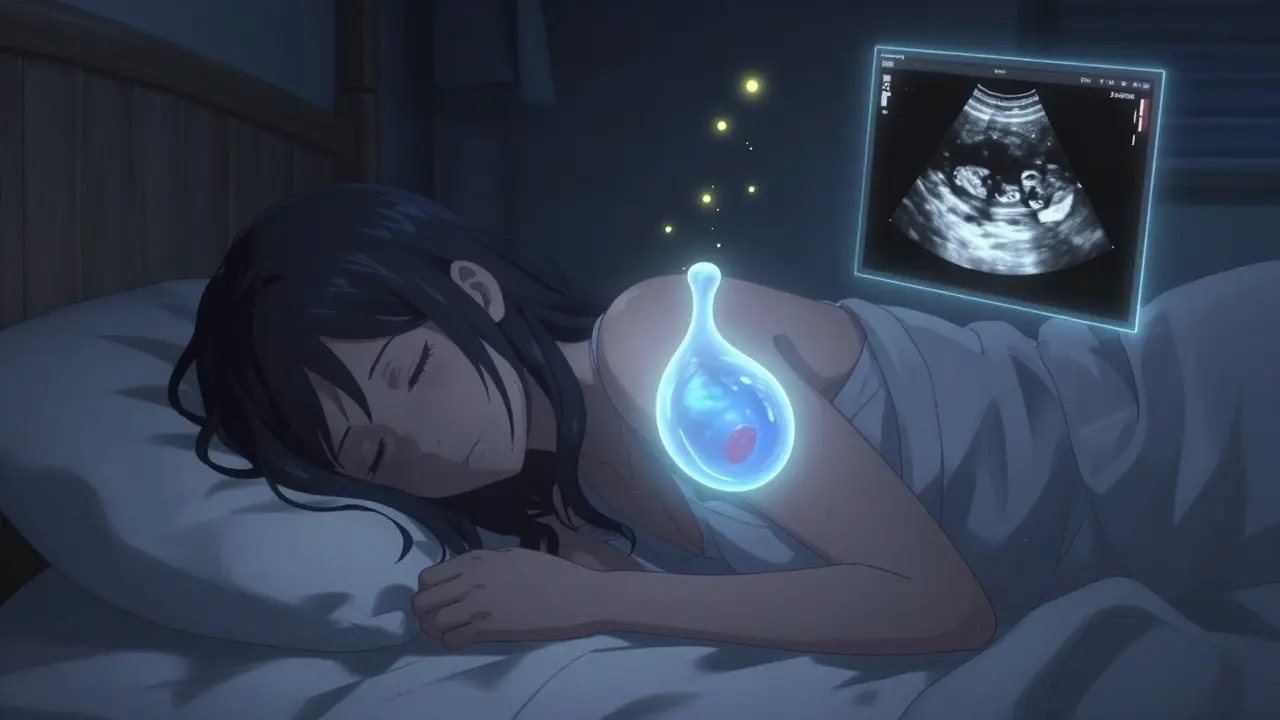 Eine Frau liegt im Bett, ihre Schulter ist von einer geschwollenen, blau leuchtenden Bursa gedrückt, ein Ultraschallbild schwebt daneben.