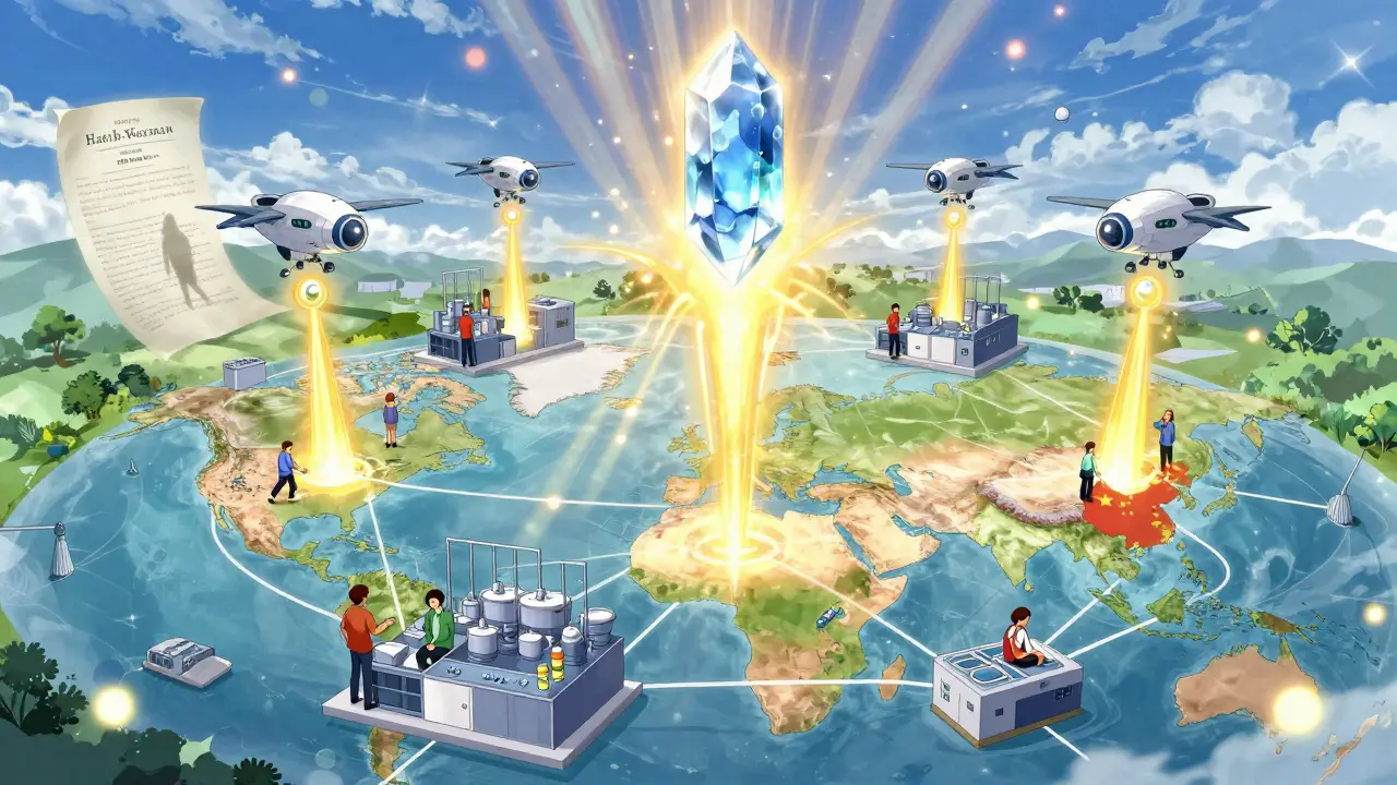 Globale Generika-Produktionsstätten senden Genehmigungsstrahlen zu einer zentralen FDA-Kristallstruktur.