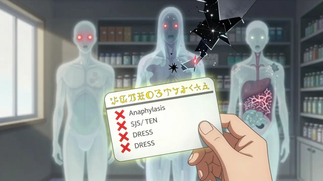 Glowende Medikationskarte mit geisterhaften Nebenwirkungsfiguren, gebrochene Apotheke im Hintergrund.