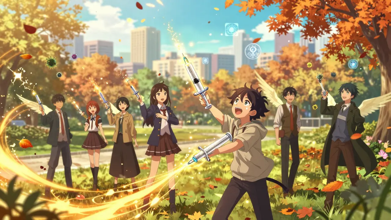 Menschen erhalten Injektionen im Park, deren Energie die Viren zerstört und Schatten zu Flügeln werden lässt.