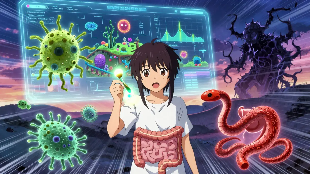 Patient holding a glowing stool sample surrounded by animated bacteria and data landscapes.