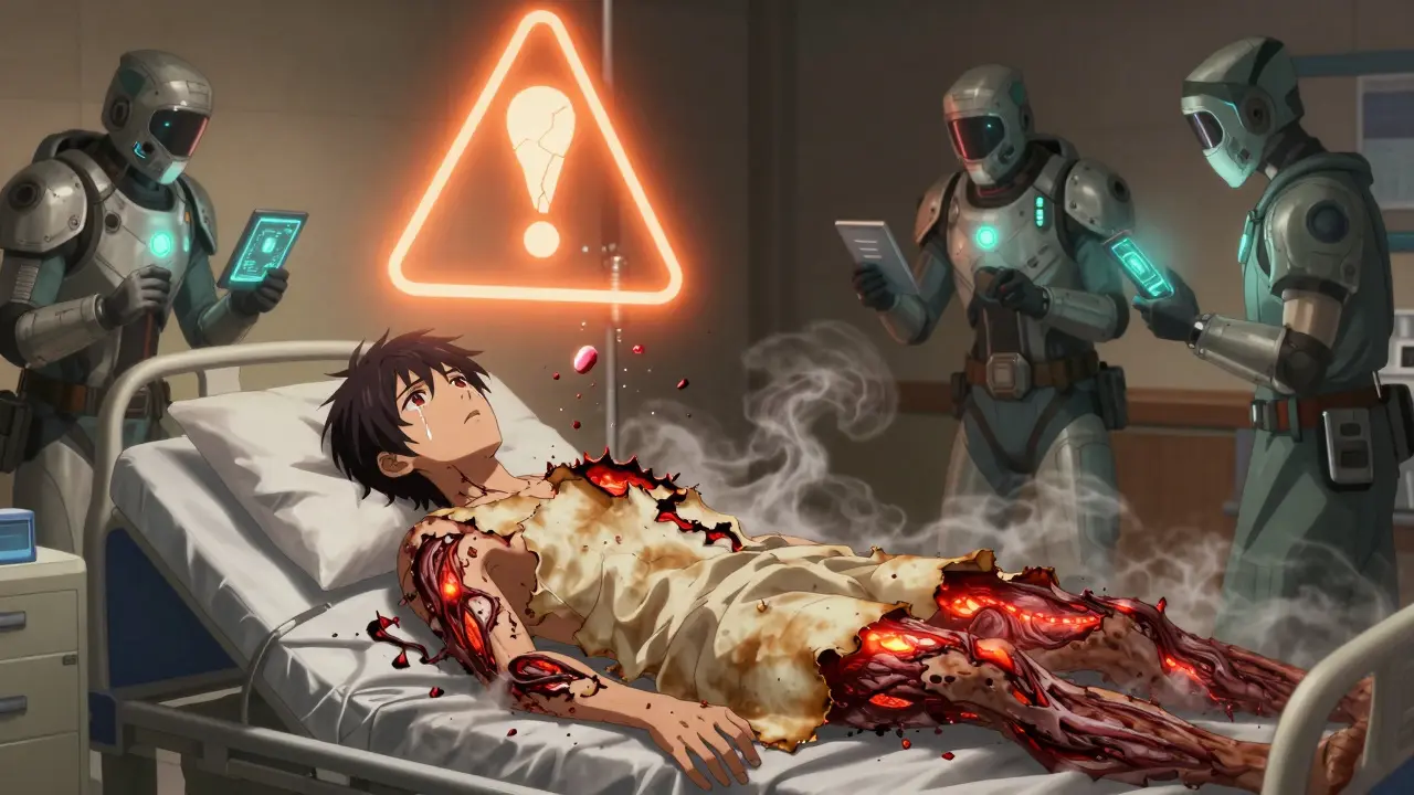 Patient mit abblätternder Haut, medizinisches Team in futuristischer Kleidung, neonfarbene Warnsymbole.