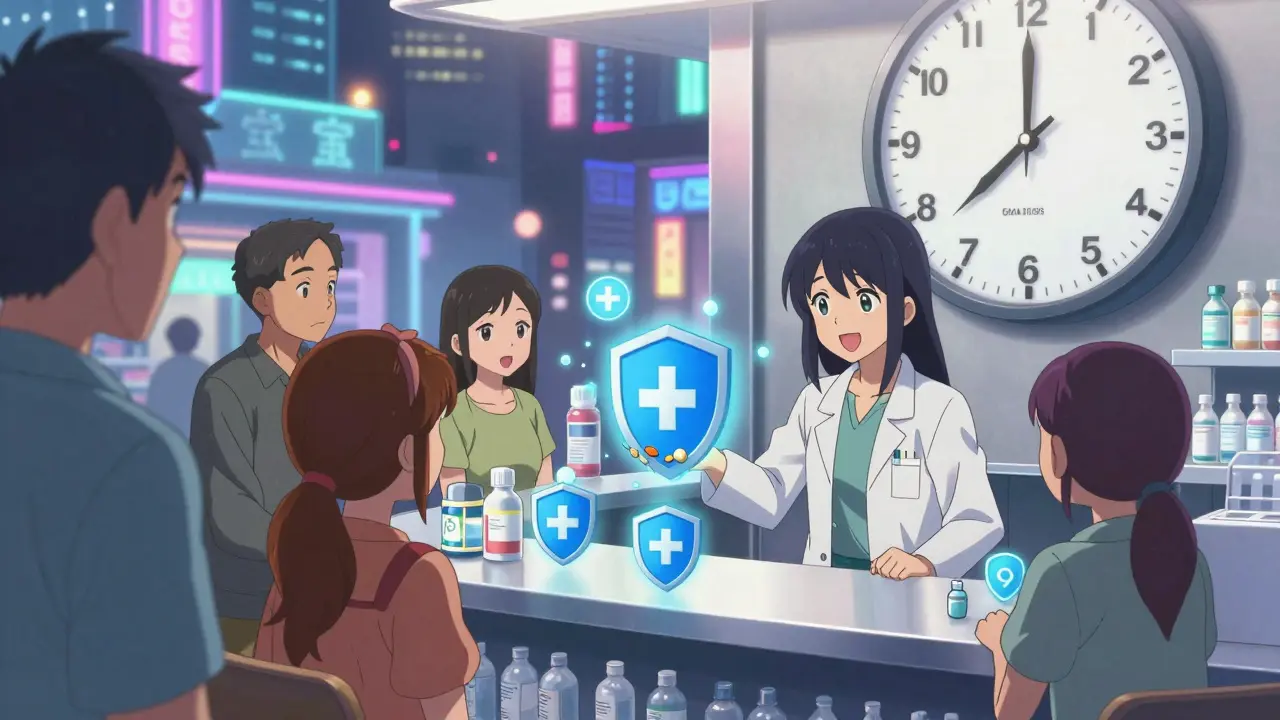 Patienten erhalten Generika an einer Apotheke, wobei jede Tablette einen Schild der Erschwinglichkeit und Wirksamkeit erzeugt, in einer neonbeleuchteten Stadt.